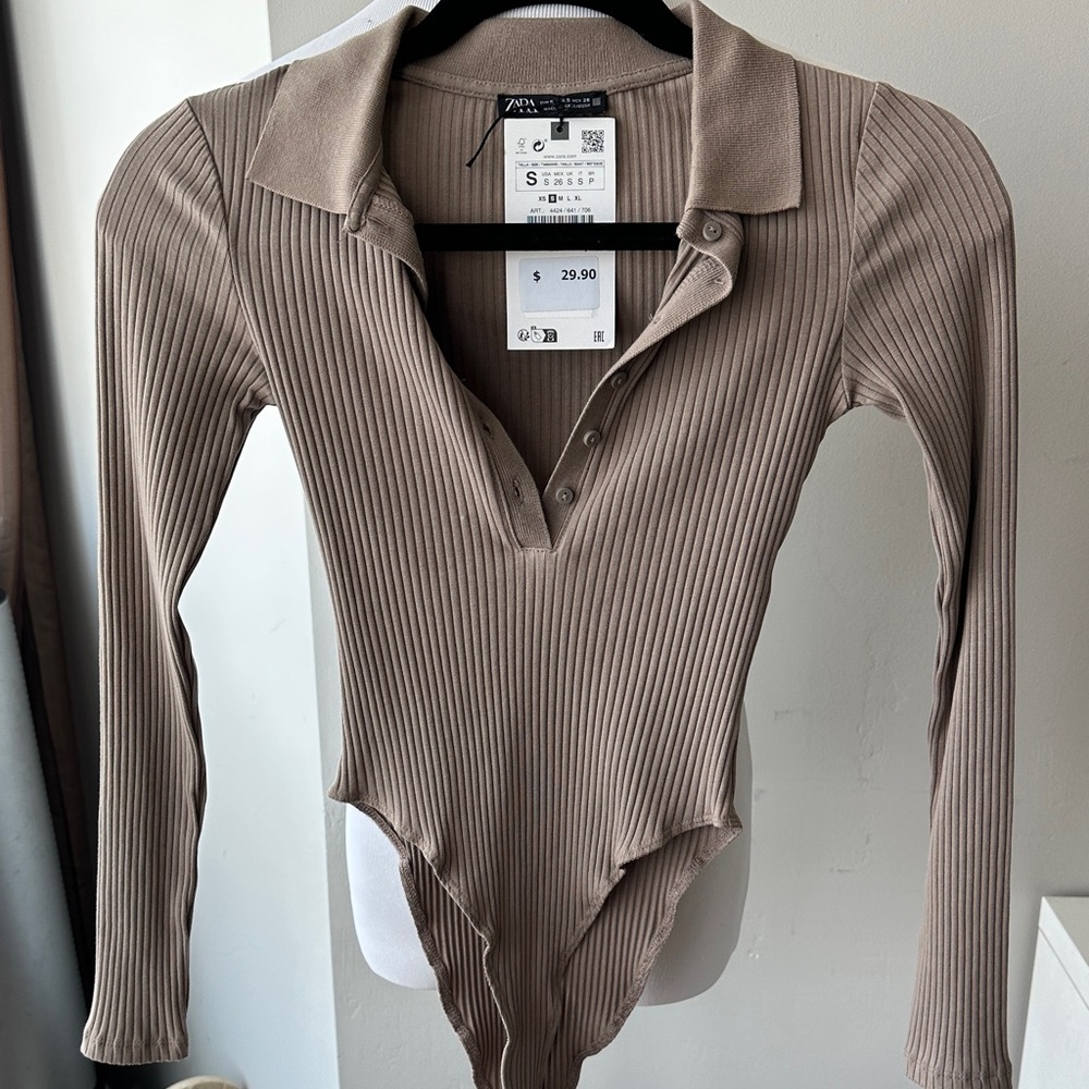 Zara Ribbed Long-Sleeve Polo Bodysuit in Taupe